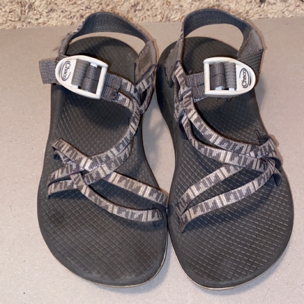 Grey and white Chacos
